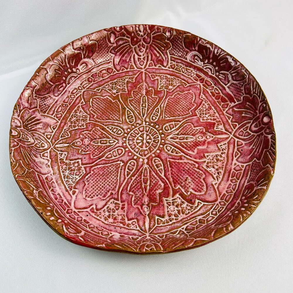 Handcrafted Studio Art Pottery Serving Tray Red/Pink Intricate Lace Pattern 13”